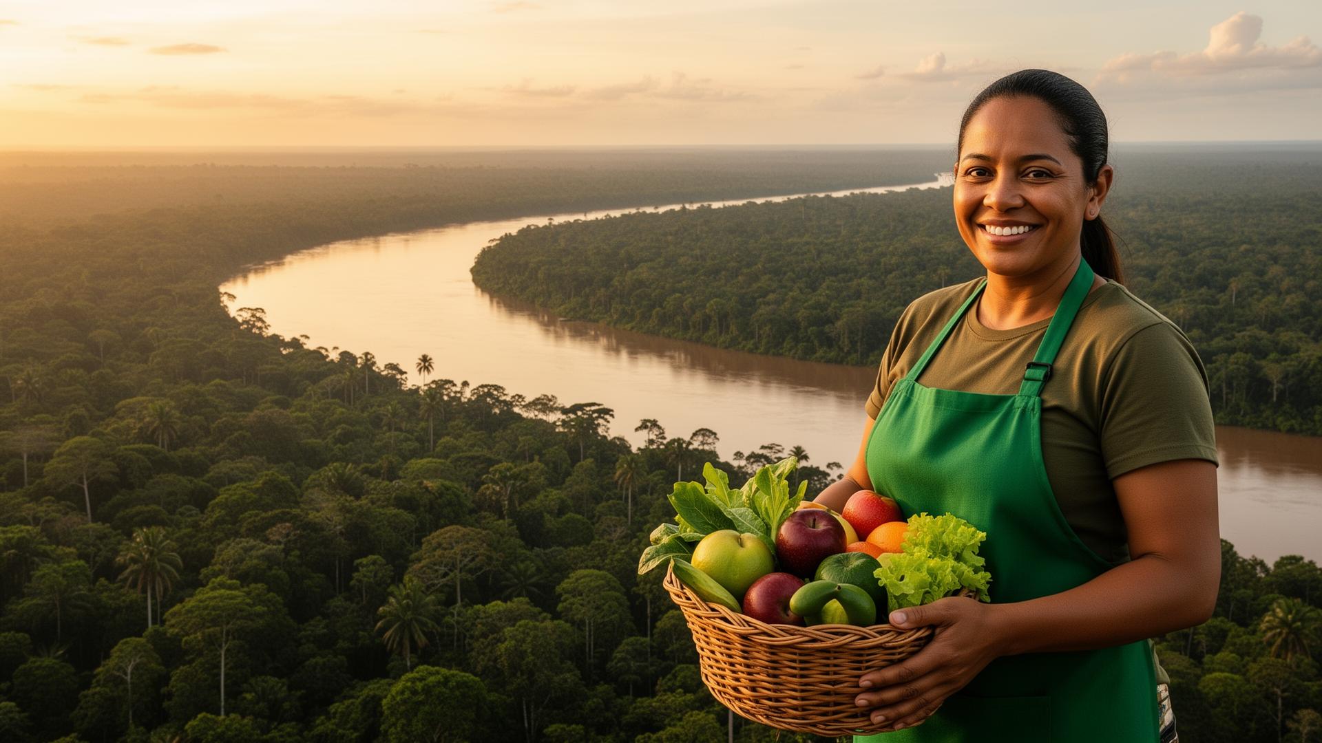 Empreendedora da Amazônia Legal segurando cesta de produtos com vista para o rio Amazonas ao fundo