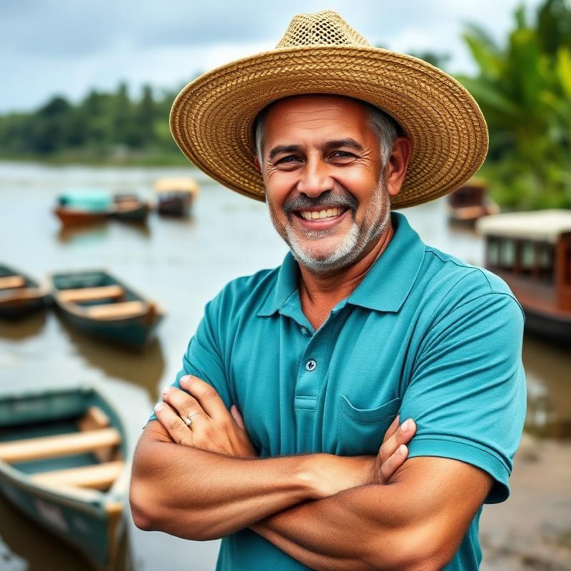Seu Antônio, empreendedor de Santarém, sorrindo às margens do rio